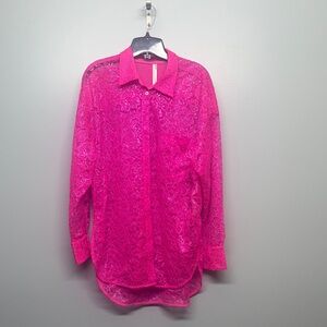 Anthropologie Pink Lace Sheer Metallic Hi Low Oversized Button Down Shirt SIZE M